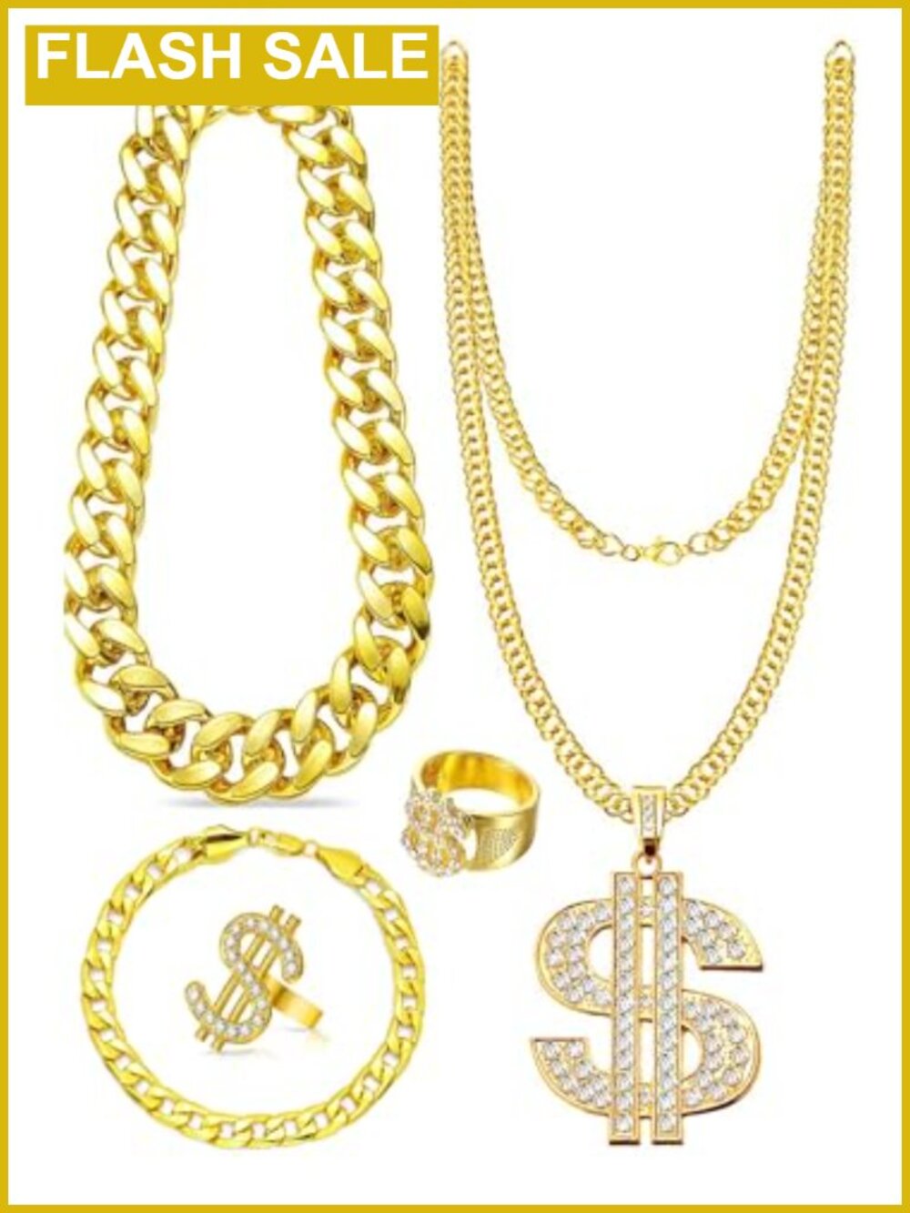 Hip Hop Costume Jewelry Set Gold Plated Dollar Sign Necklace Rings Chunky Chain